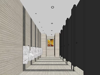 Public Restroom Interior With Wooden Walls Black Stalls Marble Sinks Ceiling Lights And Wall Painting 3d model