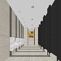 Public Restroom Interior With Wooden Walls Black Stalls Marble Sinks Ceiling Lights And Wall Painting