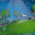 Cartoon Scene with Green Meadow Unicorn Standing Among Trees Blue Sky Moon and Stars