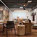 Modern Cafe Interior With Wooden Flooring Tables Chairs And Large Potted Plant