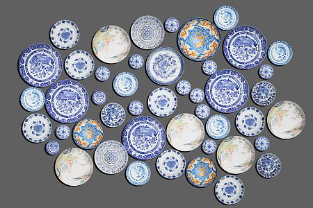 Chinese Plate Wall Decoration Blue and Flower Wall Decoration 3d model