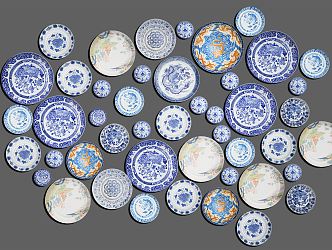 Chinese Plate Wall Decoration Blue and Flower Wall Decoration 3d model