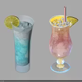 Blue And Pink Refreshing Drinks With Lemon Slices Ice Cubes And Straw In Glasses