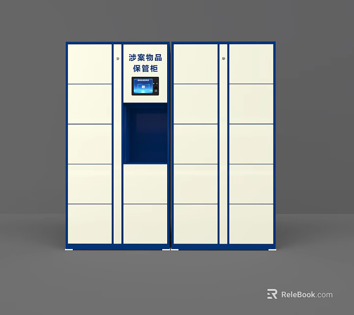 Blue And White Evidence Storage Cabinet With Digital Screen And Multiple Compartments 3d model