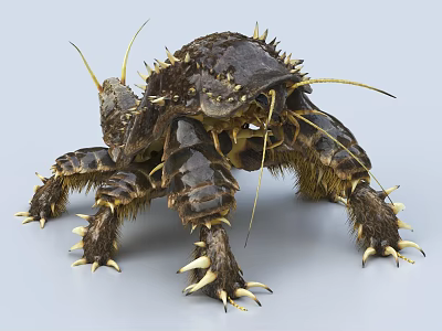 Detailed Closeup View Of Armored Spiky Reptile With Sharp Claws And Yellow Antennae 3d model