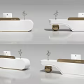 Modern Reception Desk Interior Design With White Curved Surface And Small Plant Decorations