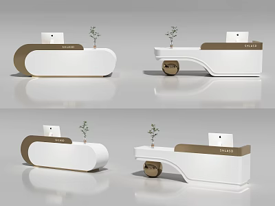 Modern Reception Desk Interior Design With White Curved Surface And Small Plant Decorations 3d model