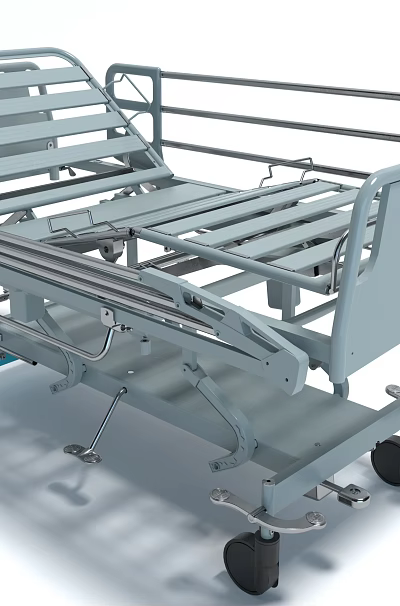 Medical Equipment Adjustable Hospital Bed With Side Rails Slatted Frame And Wheels 3d model