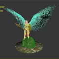 Man With Large Black Wings Holding Spear Standing On Stone Base
