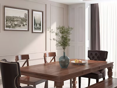 Wooden Dining Table Set With Leather Wooden Chairs Vase Plants Fruit Plate Wall Art Curtains 3d model
