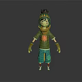 3D Cartoon Character With Green Outfit Orange Leaf Pattern Yellow Gloves Purple Yellow Hat
