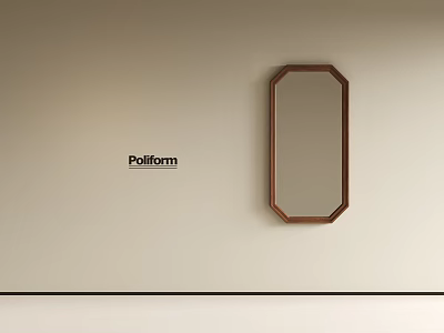 Pollform Octagonal Mirror With Dark Brown Wooden Frame On Beige Wall In Minimalist Interior 3d model