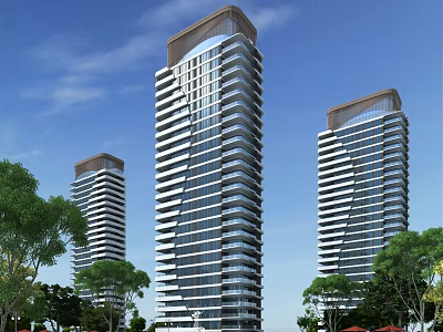 Modern High Rise Residential Buildings With Glass Curtain Walls Surrounding Trees And Blue Sky 3d model