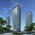 Modern High Rise Residential Buildings With Glass Curtain Walls Surrounding Trees And Blue Sky