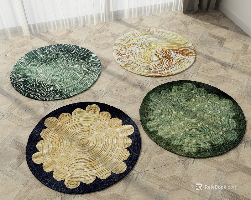 Various Patterned Colorful Round Rugs On Wooden Floor With Unique Designs 3d model 