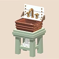 Vintage Copper Kitchen Sink with Golden Faucet on Light Green Stand and Decorative Elements