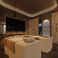 SPA Sauna Interior With Massage Bed Bathtub Warm Lighting And Wooden Walls