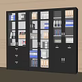 Grey Office Filing Cabinet With Glass Doors Drawers And Organized Folders Books