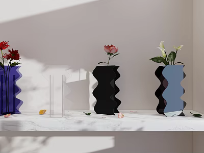 Wavy Vases with Colorful Flowers on White Marble Shelf for Minimalist Home Decor 3d model