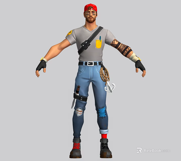 Man Wearing Gray T-Shirt Black Shoulder Strap Yellow Pocket Arm Tattoo Gloves Ripped Blue Jeans 3d model 