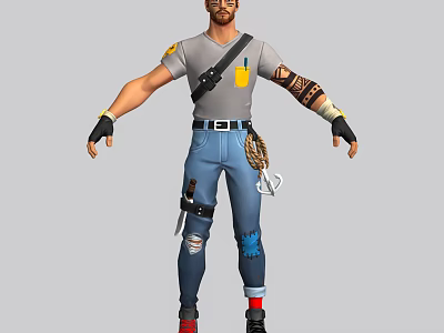 Man Wearing Gray T-Shirt Black Shoulder Strap Yellow Pocket Arm Tattoo Gloves Ripped Blue Jeans 3d model