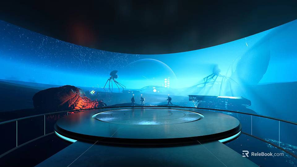 Futuristic Circular Observation Platform With People Radio Telescopes And Blue Sky 3d model 
