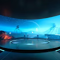 Futuristic Circular Observation Platform With People Radio Telescopes And Blue Sky