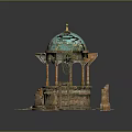 Cartoon Scene Featuring Green Dome Golden Decorations Stone Columns Stone Base Wooden Bucket and Ladder