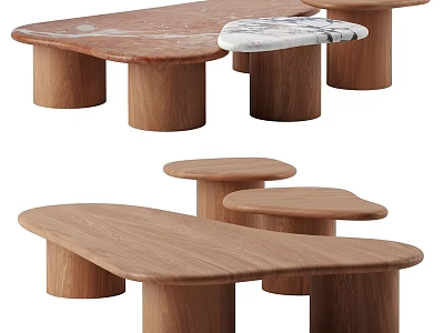 Modern Wooden Coffee Table Designs With Unique Shape Tops And Round Legs 3d model