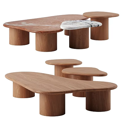 Modern Wooden Coffee Table Designs With Unique Shape Tops And Round Legs 3d model