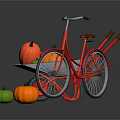 Red Bicycle with Wheelbarrow and Colorful Pumpkins on Black Surface