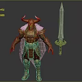 Mythical Man In Gold And Red Armor With Horned Helmet Cloak And Long Sword