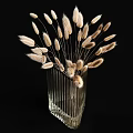 Transparent Vertical Striped Glass Vases Holding Fluffy Dried Flowers on Black Background