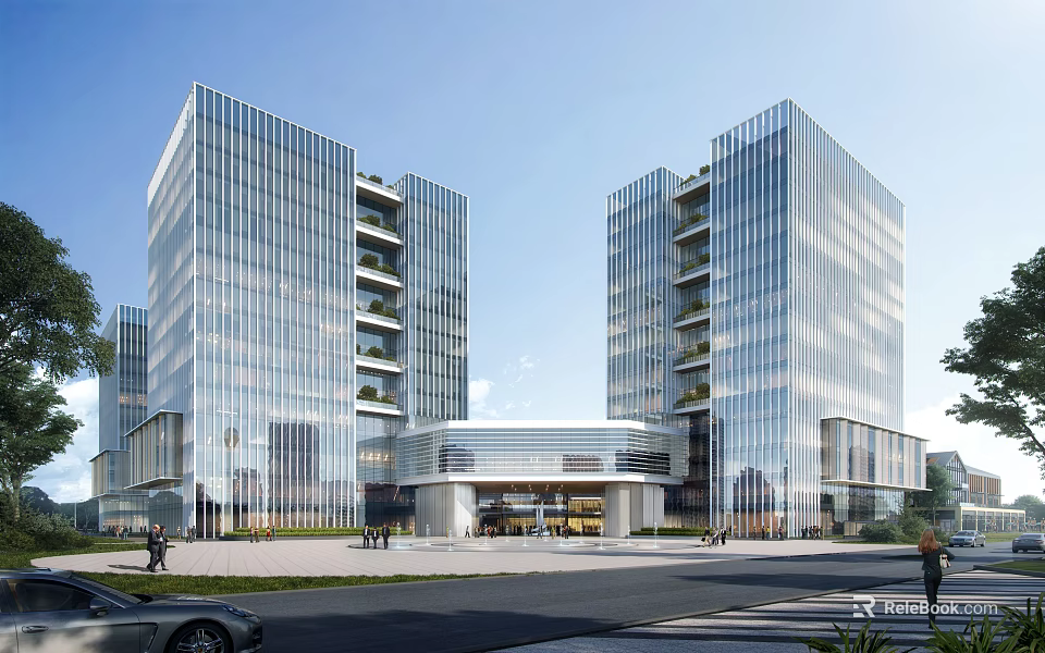 Modern Glass Curtain Wall Office Building Exterior With Twin Towers And Green Balconies 3d model 