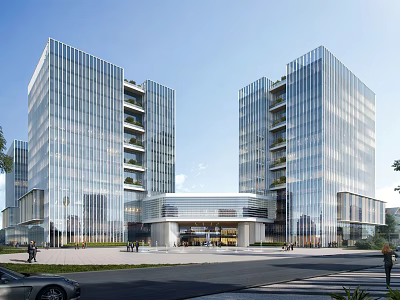 Modern Glass Curtain Wall Office Building Exterior With Twin Towers And Green Balconies 3d model