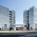 Modern Glass Curtain Wall Office Building Exterior With Twin Towers And Green Balconies