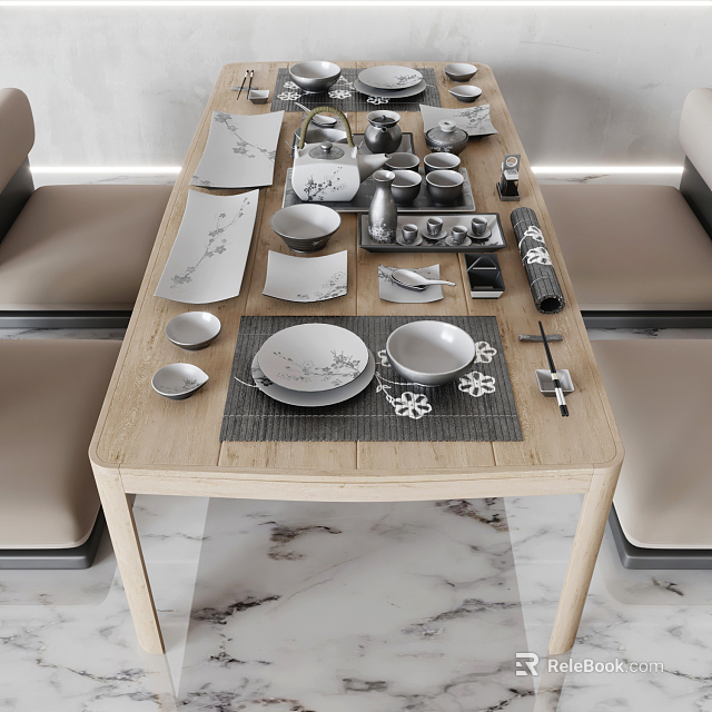 Elegant Tableware Set With Plates Bowls Cups Chopsticks And Placemats On Wooden Dining Table 3d model 