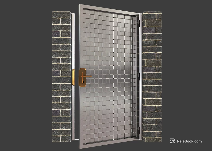 Stylish Swing Door With Metal Grid Design And Golden Handle In Brick Wall Frame 3d model 