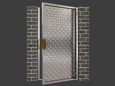 Stylish Swing Door With Metal Grid Design And Golden Handle In Brick Wall Frame 3d model
