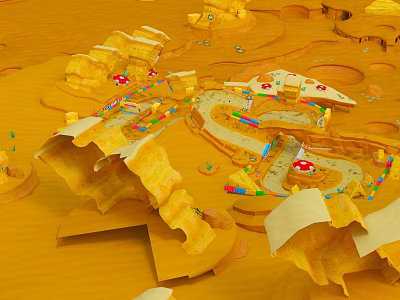 Golden Desert Landscape With Winding Paths Rock Formations And Colorful Objects 3d model