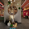 Modern Restaurant Interior With Red Light Strips Decorative Tree Round Mirror And Green Chairs