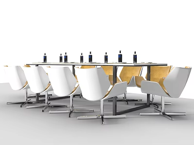 Modern Conference Table Design With White And Wooden Chairs And Tabletop Decorative Bottles 3d model