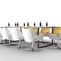 Modern Conference Table Design With White And Wooden Chairs And Tabletop Decorative Bottles