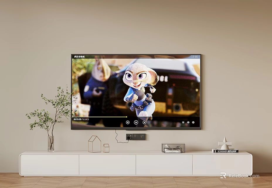 Modern White TV Stand with TV Green Plant and Decorative Items in Living Room 3d model 