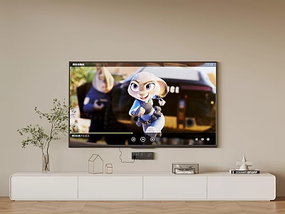 Modern White TV Stand with TV Green Plant and Decorative Items in Living Room 3d model