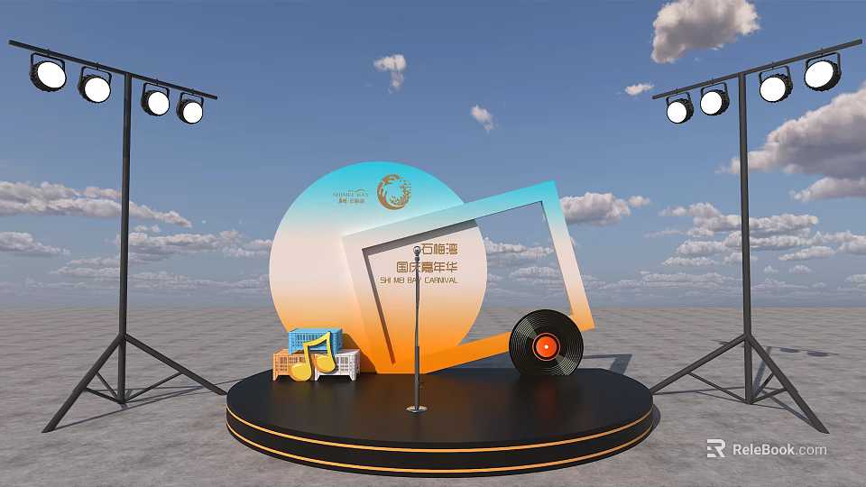 Stage Setup for China International Music Festival With Microphone Vinyl Record and Stage Lights 3d model 