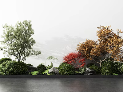 Outdoor Feature Wall Landscape Design With Green Red Orange Trees Shrubs Stones And Gray Floor 3d model