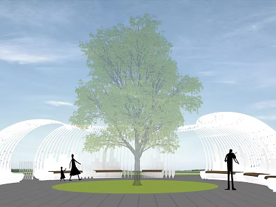 Outdoor Pergola With Large Tree Green Lawn Benches And Leisure Space 3d model