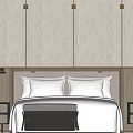 Modern Double Bed With Upholstered Headboard Wooden Bedside Tables Hanging Lamp And Gray Bench