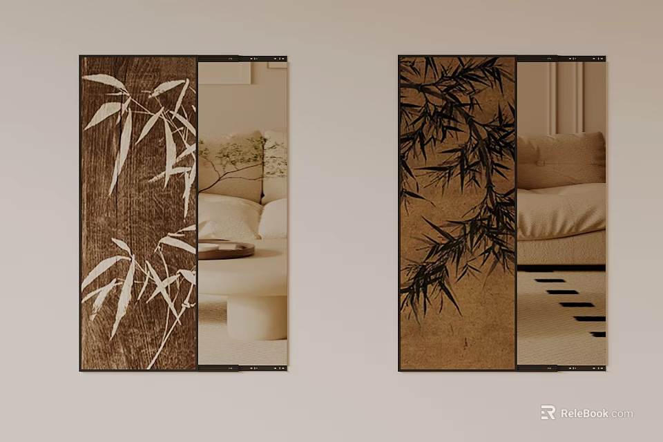 Bamboo Print Wall Art with Sofa and Pillows in Modern Interior 3d model